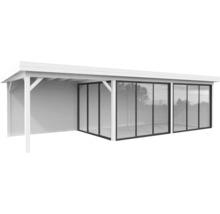 Weißer Unterstand mit Holzverkleidung und Glasschiebetüren.