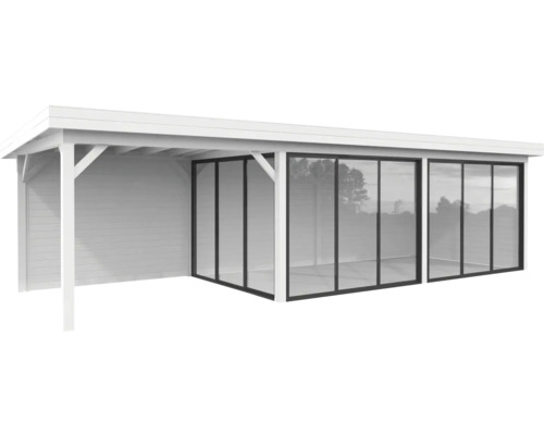 Pavillon Palmako Lenna Slide Plus 24,9 m² Set 717 876 x 300 cm weiss Weißer Unterstand mit Holzverkleidung und Glasschiebetüren.