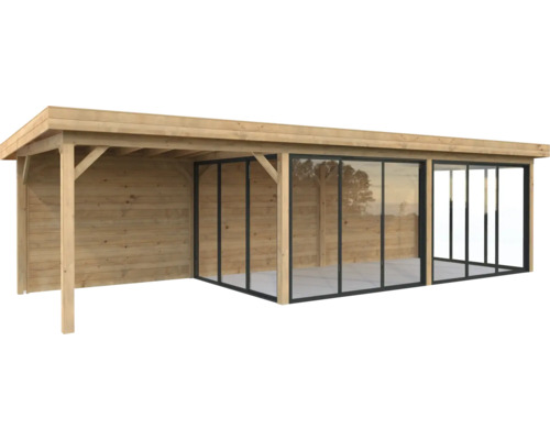 Pavillon Palmako Lenna Slide Plus 24,9 m² Set 718 876 x 300 cm tauchimprägniert braun Holzgartenhaus mit Glasfront