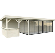 Abri de jardin avec façade vitrée et bar en bois