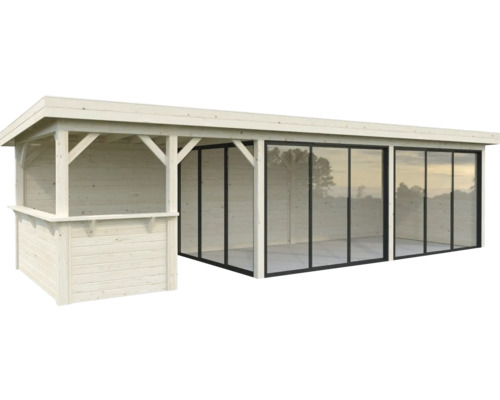 Pavillon Palmako Lenna Slide 24,9 m² Set 419 876 x 300 cm naturel Abri de jardin avec façade vitrée et bar en bois