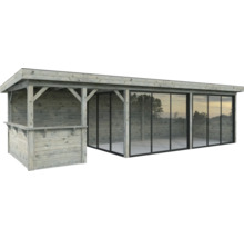 Holzpavillon mit Glaswänden und Theke