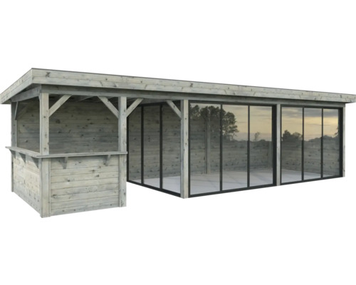 Pavillon Palmako Lenna Slide 24,9 m² Set 419 876 x 300 cm tauchimprägniert grau Holzpavillon mit Glaswänden und Theke