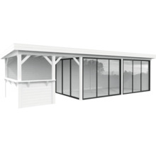 Modernes Gartenhaus mit weißen Holzpaneelen und Glasfronten