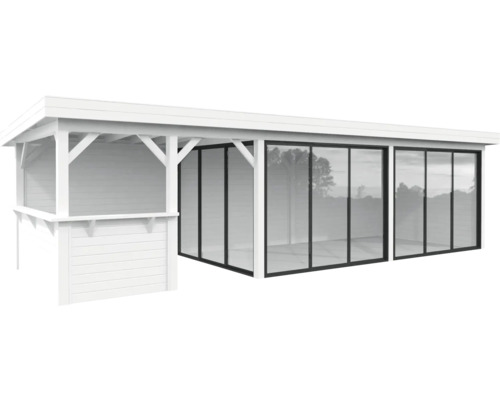 Pavillon Palmako Lenna Slide Plus 24,9 m² Set 719 876 x 300 cm weiss Modernes Gartenhaus mit weißen Holzpaneelen und Glasfronten