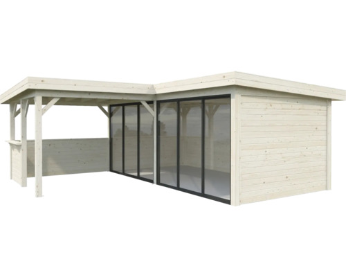 Pavillon en bois avec portes coulissantes et extension latérale