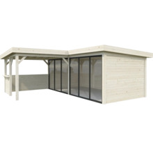 Gartenhaus mit Glasschiebetüren und überdachter Terrasse aus Holz