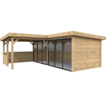 Holzgartenhaus mit Überdachung und Schiebetüren