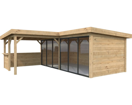 Pavillon Palmako Lenna Slide 24,9 m² Set 422 588 x 588 cm tauchimprägniert braun Holzgartenhaus mit Überdachung und Schiebetüren