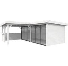 Holzgartenhaus mit Glasfront und überdachter Terrasse