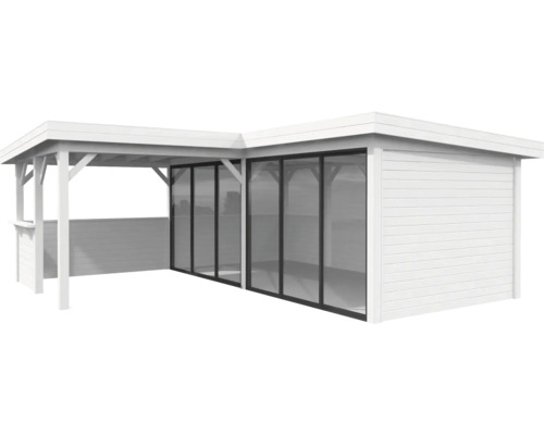 Pavillon Palmako Lenna Slide Plus 24,9 m² Set 722 588 x 588 cm weiss Holzgartenhaus mit Glasfront und überdachter Terrasse