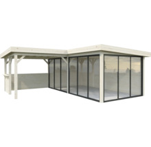 Gartenpavillon aus Holz mit Glasschiebetüren.