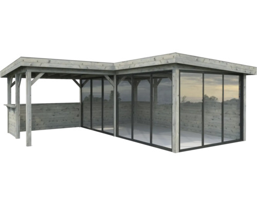 Pavillon Palmako Lenna Slide Plus 24,9 m² Set 723 588 x 588 cm tauchimprägniert grau Holzpavillon mit Glasfront für den Garten