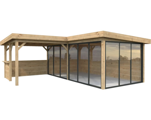 Pavillon Palmako Lenna Slide Plus 24,9 m² Set 723 588 x 588 cm tauchimprägniert braun Holzpavillon mit Glasschiebewänden