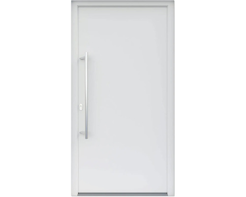 ARON HaustürBasic 3101 Aluminium-Kunststoff-Verbund RAL 9016 verkehrsweiss 1000x2000 mm beidseitig flügelüberdeckend DIN Links inkl.Stossgriffset,Innendrücker in Edelstahl,Profilzylinder mit 3 Schlüsseln Weisse Haustür mit Griff
