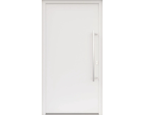 ARON HaustürBasic 3101 Aluminium-Kunststoff-Verbund RAL 9016 verkehrsweiss 1000x2100 mm beidseitig flügelüberdeckend DIN Rechts inkl.Stossgriffset,Innendrücker in Edelstahl,Profilzylinder mit 3 Schlüsseln Weisse Innentür mit einem Griff