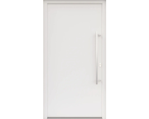 ARON HaustürBasic 3101 Aluminium-Kunststoff-Verbund RAL 9016 verkehrsweiss 1100x2100 mm beidseitig flügelüberdeckend DIN Rechts inkl.Stossgriffset,Innendrücker in Edelstahl,Profilzylinder mit 3 Schlüsseln Weisse Eingangstür mit Edelstahlgriff