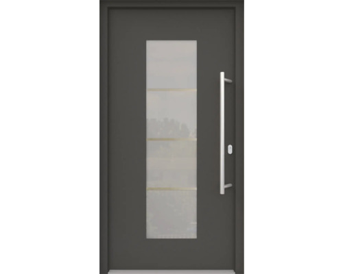 Porte d'entrée ARON 3141 composite aluminium-plastique RAL 7016 gris anthracite 1000x2000 mm recouvrant le vantail des deux côtés tirant droite y compris jeu de poignée de poussée, poignée intérieure en acier inoxydable, cylindre profilé avec 3 clés Porte d''entrée avec insert en verre et poignée en acier inoxydable