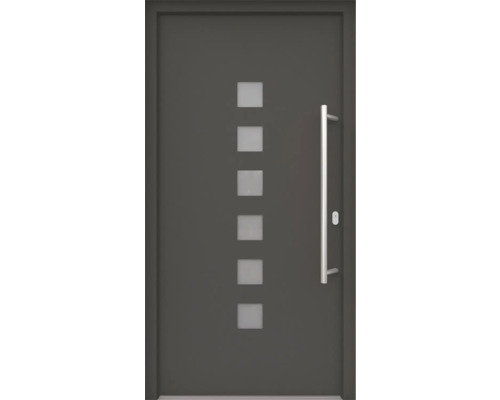 Porte d'entrée ARON 3151 composite aluminium-plastique RAL 7016 gris anthracite 1000x2000 mm recouvrant le vantail des deux côtés tirant droite y compris jeu de poignée de poussée, poignée intérieure en acier inoxydable, cylindre profilé avec 3 clés Porte d''entrée grise avec inserts en verre et poignée barre