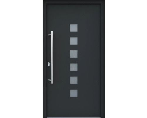 Moderne Haustür mit Edelstahlgriff und quadratischen Glaseinsätzen