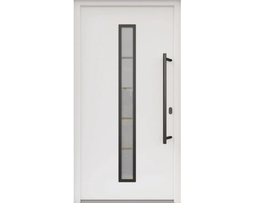 Porte d'entrée ARON 3171 composite aluminium-plastique RAL 9016 blanc signalisation 1000x2100 mm recouvrant le vantail des deux côtés tirant droite y compris jeu de poignée de poussée, poignée intérieure en noir, cylindre profilé avec 3 clés Porte d''entrée blanche avec insert en verre et poignée barre