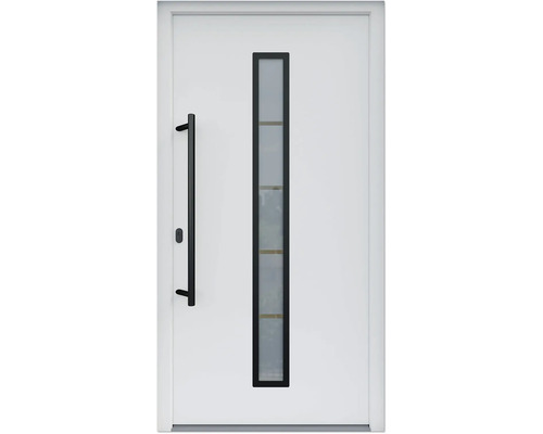 ARON HaustürARON 3171 Aluminium-Kunststoff-Verbund RAL 9016 verkehrsweiss 1000x2100 mm beidseitig flügelüberdeckend DIN Links inkl.Stossgriffset,Innendrücker in Schwarz,Profilzylinder mit 3 Schlüsseln Haustür mit Glaseinsatz und Griffstange
