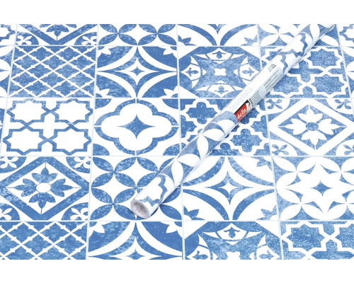 Film décoratif avec motif de carreaux bleu et blanc et rouleau de film décoratif