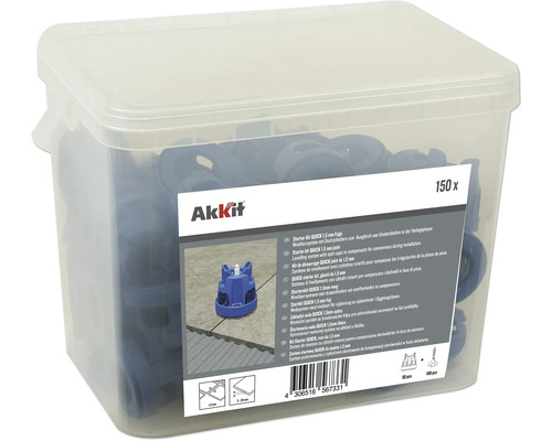 Akkit Nivelliersystem QUICK 1,5 mm mit 50 Drehzylinder und 100 Gewindelaschen im Eimer Akkit Fliesen Nivelliersystem Starter Set mit 1,5 mm Fuge in transparenter Box