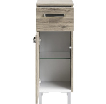 Meuble de salle de bain avec tiroir, porte, étagère en verre et pieds