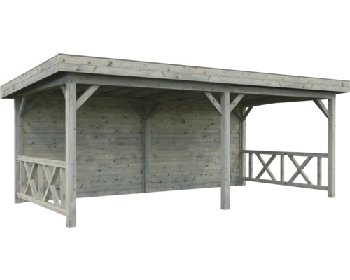 Pavillon Palmako Lenna 16,6 m² Set 308 inkl. Rückwand und Geländer 588 x 300 cm tauchimprägniert grau Holzpavillon mit Dach und Seitenwänden