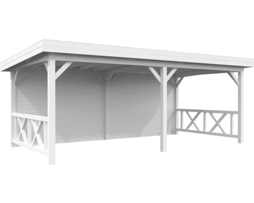 Pavillon Palmako Lenna 16,6 m² Set 308 inkl. Rückwand und Geländer 588 x 300 cm weiss Holzcarport mit Flachdach