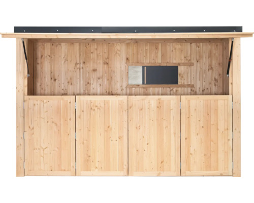 Armoire de jardin en bois avec quatre portes et un tableau noir