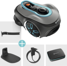 Robot tondeuse Gardena avec station de charge, bloc d''alimentation et accessoires
