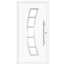 Porte d''entrée blanche avec insert en verre et poignée en acier inoxydable
