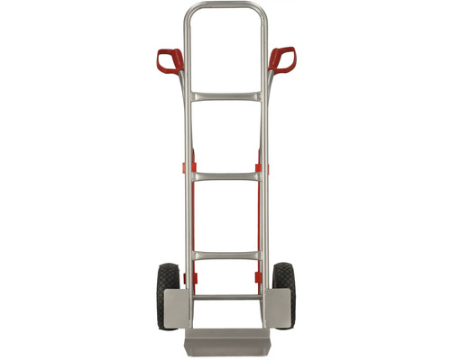 Diable en métal avec deux roues et poignées rouges