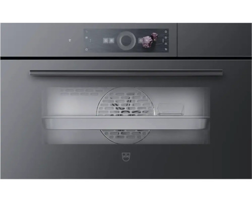 V-ZUG CombiSteamer V4000 38 Einbau Steamer BxH 60x38.1 cm schwarz 2302800001 Nahaufnahme eines ZUG-Backofens mit Touchscreen-Bedienfeld und Innenraumansicht