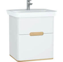 Meuble sous-vasque blanc avec poignée en bois et robinet