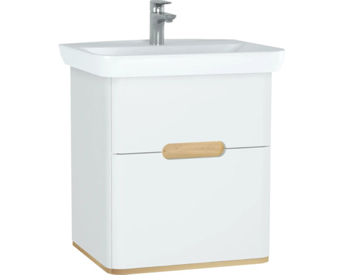 Lavabo avec meuble bas VitrA Sento lxhxp 63x68.5x49 cm couleur de façade blanc mat 60822 Meuble sous-vasque blanc avec poignée en bois et robinet