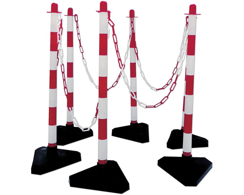 Kettenständerset Kunststoff Pfosten Ø 40 90 cm rot-weiss Fussplatte dreieckig, Absperrkette und Verbindungsglieder Absperrpfosten mit Ketten zur Verkehrssicherung
