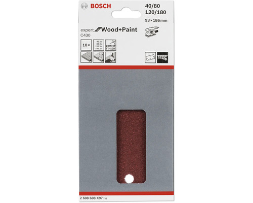 Bosch Schleifpapier Expert C430 für Holz und Farbe, Körnung 40/80/120/180, Größe 93x186 Millimeter, 10 Stück