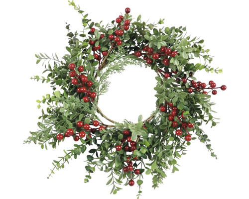 Kunstpflanze Kranz mit roten Beeren Ø 40 cm Dekorativer Kranz mit grünen Blättern und roten Beeren