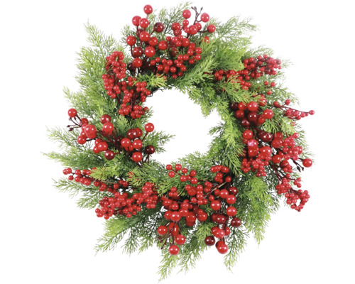Kunstpflanze Kranz Tanne mit roten Beeren Kunststoff Ø 56 cm Dekorativer Kranz mit Beeren und Tannenzweigen als festliche Dekoration