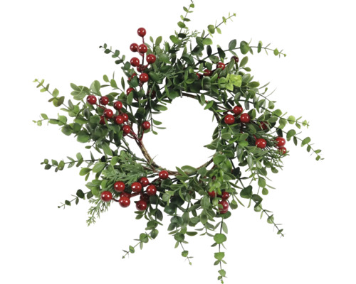Künstlicher Kranz mit roten Beeren, Ø 30 cm Dekorativer Kranz mit roten Beeren und grünen Blättern als Wohnaccessoire