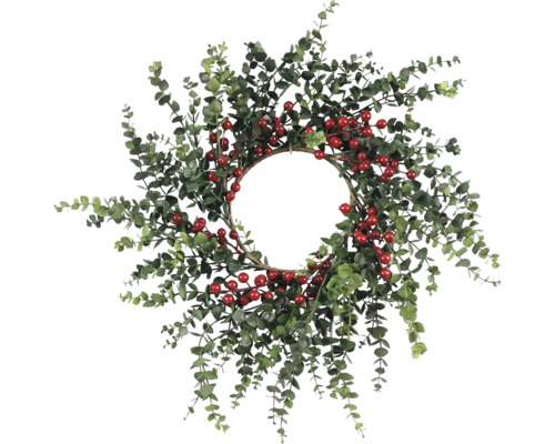Kranz mit Eukalyptusblättern und roten Beeren