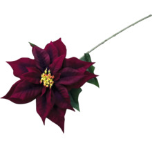 Fleur de poinsettia rouge décorative avec tige et feuilles vertes.