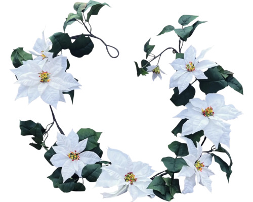 Guirlande de plantes artificielles Poinsettia Garland plastique L 200 cm blanc Couronne décorative avec des étoiles de Noël blanches et des feuilles vertes