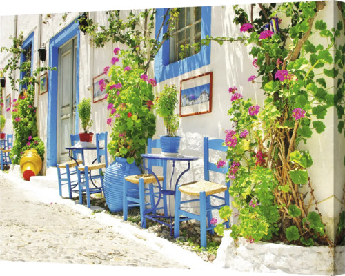 Dekorative Leinwand mit blühenden Pflanzen an einer weiss gestrichenen Fassade mit blauen Akzenten