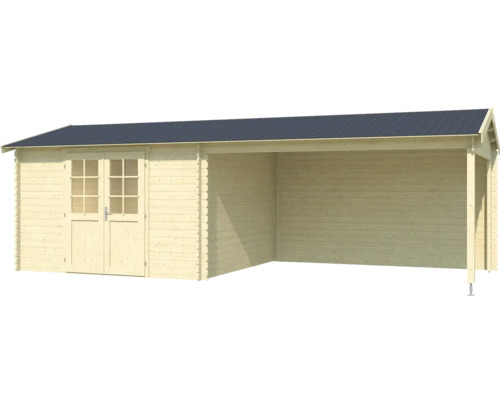 Abri de jardin en bois avec double porte et espace couvert