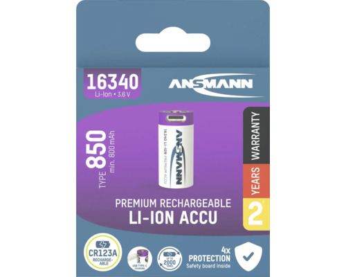 Ansmann Akkubatterie Li-Ion Akku 16340 3,6 V 850 mAh mit Micro-USB Ladebuchse 1 Stk. Ansmann 16340 Lithium-Ionen Akku mit 850 mAh Kapazität