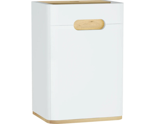 Weißer Badschrank mit Holzgriffen